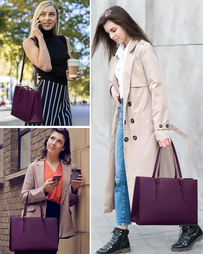 Miniatura 2 de LOVEVOOK Bolsa para laptop para mujer, bolsa de trabajo para laptop de 15.6 pulgadas, maletín grande de cuero impermeable para oficina, beige y negro