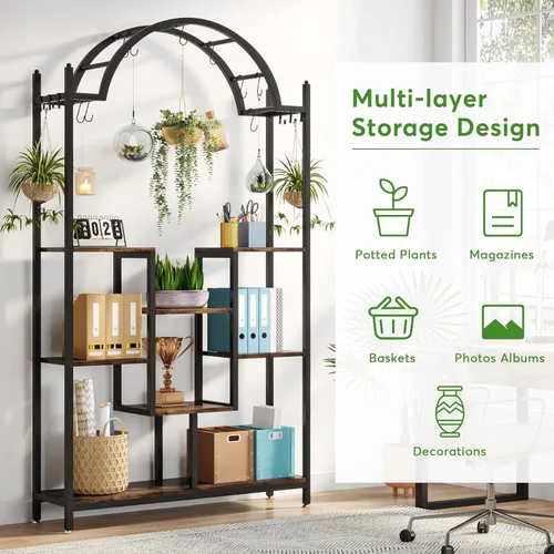 Miniatura 5 de Tribesigns Soporte alto para plantas de interior de 5 niveles, estante de flores de metal arqueado de 74.8 pulgadas con ganchos para colgar, estante