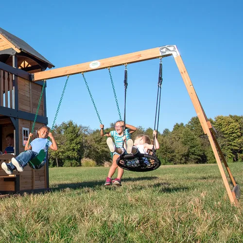 Miniatura 7 de Conjunto de columpios Backyard Discovery Canyon Creek de madera de cedro con tobogán de ola, casa de juegos, cocina de juego, área de picnic