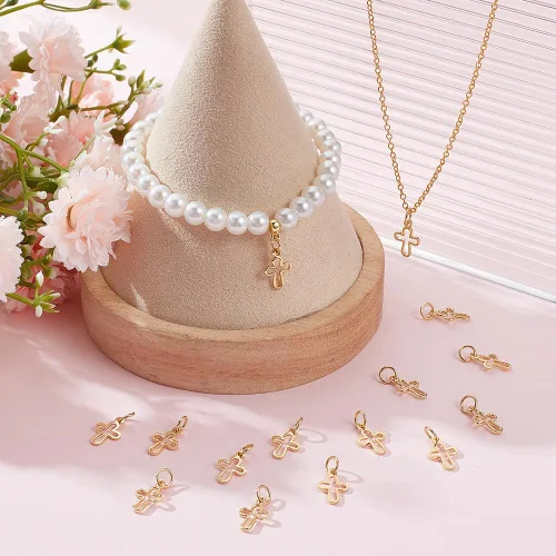 Miniatura 4 de Beebeecraft 1 caja de 30 dijes de cruz chapados en oro de 18 quilates con anillo de salto para hacer joyas, collares, pulseras, manualidades