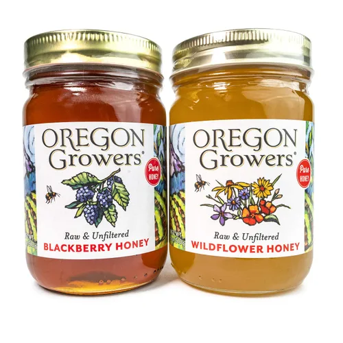 Oregon Growers Honey Duo - Paquete variado de miel de flores silvestres y miel de mora, miel cruda orgánica sin filtrar, miel de flores, miel de