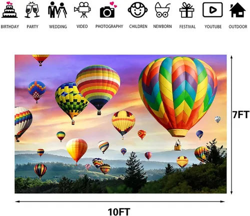 Miniatura 2 de Telón de fondo de globo aerostático, vinilo de 10 x 7 pies, colorido cielo arco iris, montañas románticas, fondo de fotografía, decoración de fiesta