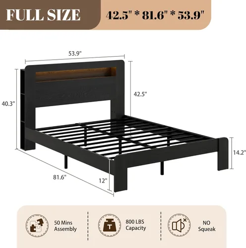 Miniatura 2 de Marco de Cama de Madera Tamaño Full con Cabecera de Almacenamiento, Marco de Cama de Plataforma Estilo Granja con Estante de Librería y Luces LED