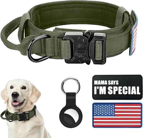 Collar táctico militar para perro, nailon ajustable, hebilla de metal resistente con asa para entrenamiento, parches (verde, XL)