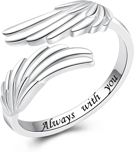 YLT Anillo de plata de ley 925 con alas de ángel con plumas y plumas ajustables y delicadas, anillos abiertos para el pulgar para mujeres y niñas,