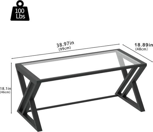 Miniatura 2 de Mesa de café Wolawu de vidrio negro para sala de estar, mesa central rectangular moderna con marco de metal resistente, mesa de té de vidrio
