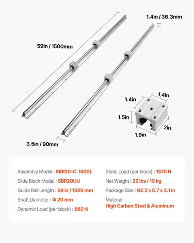 Miniatura 7 de VEVOR Riel lineal, 2 piezas SBR20-1500mm, carril de deslizamiento lineal, kit CNC de 4 piezas de bloque de rodamiento SBR20UU, kit de carriles