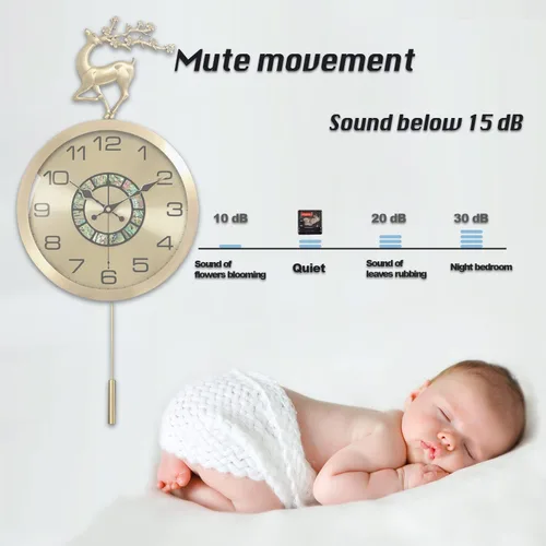 Miniatura 7 de Aero Snail Reloj de pared de 12.6 pulgadas, figura de reno redonda dorada, decoración de concha, reloj con péndulo oscilante, silencioso sin tictac