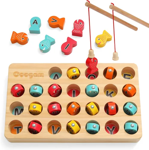 Coogam Juego de Pesca Magnética de Madera, Juguete de Habilidad Motora Fina, Rompecabezas de Clasificación de Colores del Alfabeto ABC, Jugueto
