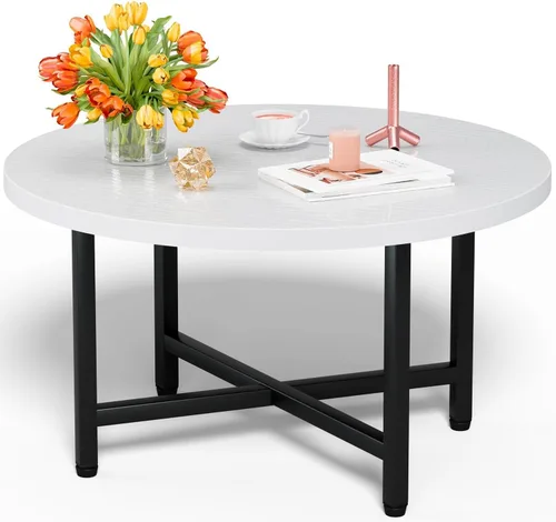 Miniatura 16 de Mesa de Café FAMIDGE, Mesas de Café de 23.6" para Sala de Estar, Mesa de Café Redonda con Marco de Metal, Mesa de Piso para Sentarse en el Suelo