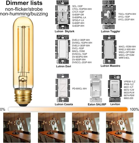 Miniatura 3 de LiteHistory Bombilla LED E26 regulable de 4 W igual a Edison de 40 W, AC120 V, bombilla tubular blanca cálida 2200 K, ámbar 250 lm, bombilla LED T10