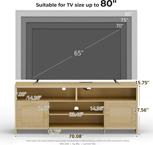Miniatura 2 de Soporte de TV para TV de 70 pulgadas, centro de entretenimiento de 63 pulgadas con luz LED, tomacorriente, soporte de TV de ratán con estantes