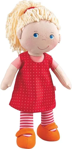 HABA Muñeca Annelie suave de 12 pulgadas con pelo rubio, cara bordada, vestido rojo extraíble y diadema a juego, muñeca lavable para niños mayores