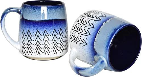 Bosmarlin Juego de 2 tazas de café grandes de cerámica, 16 onzas, taza de té de cerámica azul grande para oficina y hogar, apta para lavavajillas y