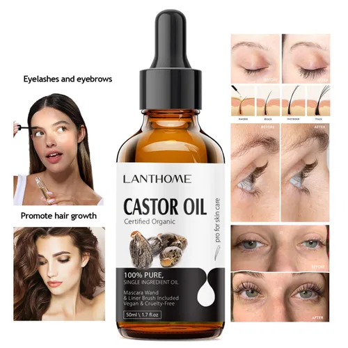 Miniatura 5 de Lanthome Aceite de ricino orgánico prensado en frío (1.7 onzas con kit de pestañas), aceite de ricino negro para pestañas, cejas y crema hidratante