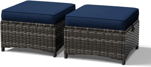 Joyside Juego de 2 otomanas para exteriores, reposapiés otomano grande para patio con cojines gruesos, taburete de mimbre para exteriores para Azul