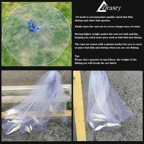 Miniatura 5 de Drasry Saltwater Fishing Cast Net for Bait 3/8 1/4 or 1/2 with Heavy Sinkers Fish Trap Throw Net. Size 3ft/4ft/5ft/6ft/7ft/8ft/9ft/10ft Radius