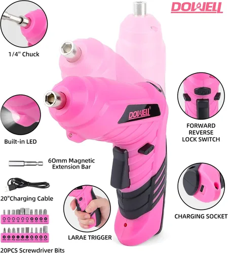 Miniatura 3 de Juego de herramientas de 143 piezas rosa para propietario de casa con destornillador inalámbrico de 3.6 V, kit de herramientas manuales