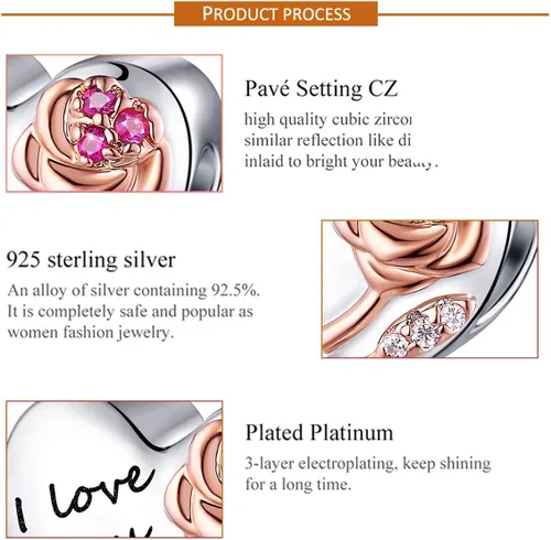 Miniatura 5 de Abalorios de plata de ley 925 con forma de corazón y flor de rosa 3D para pulseras, collares, bodas, día de San Valentín, día de la madre, regalo