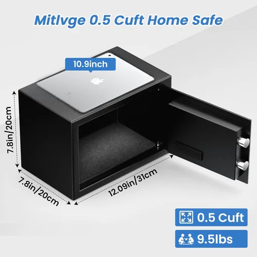 Miniatura 2 de Mitlvge Mini caja fuerte de 0.5 pies cúbicos con bolsa de documentos ignífuga, caja fuerte para dinero con llaves, código de paso y kits de montaje