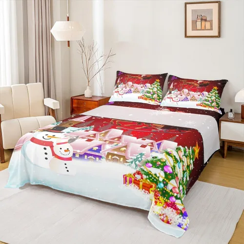 Miniatura 17 de Manfei juego de sábanas de Navidad tamaño completo, juego de ropa de cama con árbol de Navidad en forma de muñeco de nieve para la decoración
