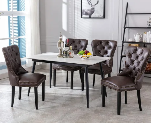 Miniatura 11 de Shunzhi Juego de 2 sillas de comedor de cuero beige, modernas de mediados de siglo, sillas de cocina tapizadas con capitoné, sillas auxiliares