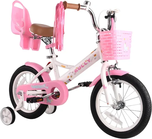 Miniatura 9 de RULLY Bicicleta para niños de 12, 14, 16 pulgadas, para niñas de 2 a 7 años con ruedas de entrenamiento y freno de mano delantero, bicicleta