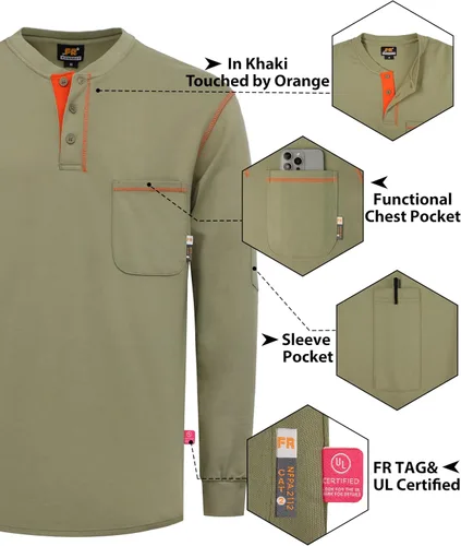 Miniatura 94 de KONRECO Camisas FR para hombre resistentes al fuego/ignífugo CAT2 7oz algodón dos tonos y camisa Henley