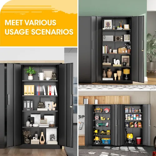 Miniatura 4 de Greenvelly Armario de almacenamiento de metal de 72 pulgadas de alto con 2 puertas y 4 estantes ajustables, gabinete de metal negro con cerradura