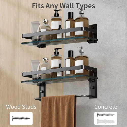 Miniatura 9 de Danpoo Estantes de baño montados en la pared, estante de vidrio templado transparente con toallero, soporte para toallas de mano (negro mate)