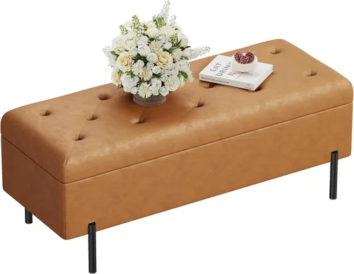 Banco otomano con almacenamiento, banco de almacenamiento tapizado copetudo para dormitorio, sala de estar, piel sintética, largo, otomano, marrón