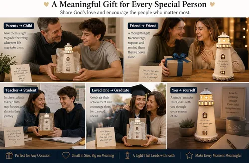 Miniatura 6 de DAILYBREAD Lámpara de faro cristiano, pequeña luz nocturna de cerámica con versículo de la Biblia, regalo de fe inspirador para niños, estudiantes