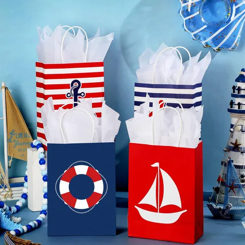 Miniatura 4 de Sepamoon Paquete de 16 bolsas de regalo náuticas, bolsas de papel para fiestas náuticas y papel de seda con asas, anclajes marinos, golosinas