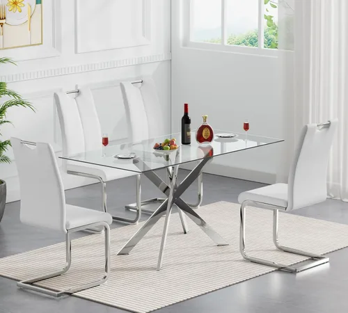 Miniatura 53 de Juego de mesa de comedor redonda de 3 piezas para 2, mesa de cocina moderna de vidrio plateado y sillas para 2 con sillas tapizadas, juego de mesa