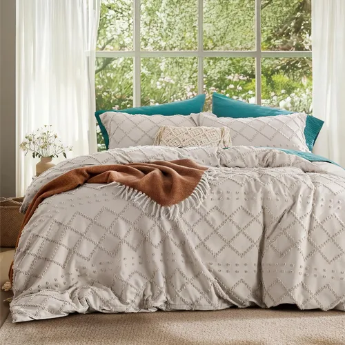 Bedsure Funda nórdica Boho tamaño individual - Ropa de cama bohemio beige transpirable y suave, funda de edredón lavable a máquina para todas las 07