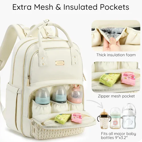Miniatura 5 de Mochila para pañales, grande, multifuncional, para niños, niñas y bebés, bolsa esencial de viaje con cambiador, bolsillos aislados, correas