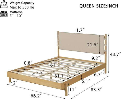 Miniatura 2 de Moderno juego de base de cama Queen con 2 mesitas de noche, cama de plataforma de madera beige con cabecero y mesitas de noche a juego