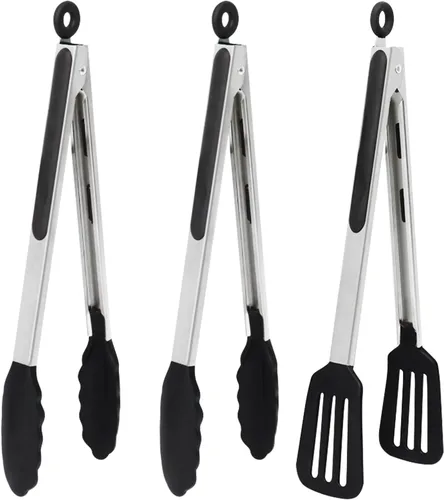 Juego de 3 pinzas de cocina de 12 pulgadas, pinzas de silicona con puntas de silicona y mango de acero inoxidable, pinzas para cocinar, hornear,