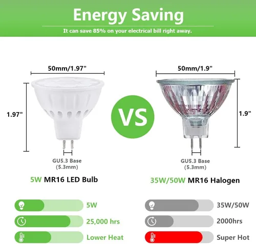 Miniatura 5 de Bombillas LED MR16, focos de bajo voltaje para paisaje, 35 W/50 W, reemplazos halógenos, blanco cálido 2700K-3000K 12V Gu5.3 base bi-pin
