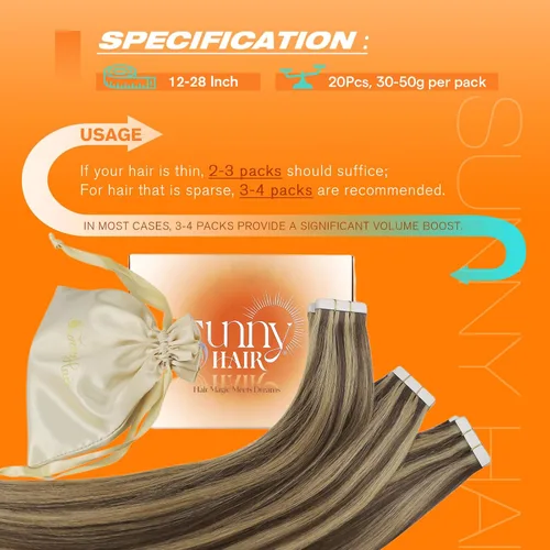 Miniatura 5 de Sunny Hair - Extensiones de cabello humano real para mujer, con cinta adhesiva invisible, Remy, color castaño oscuro con reflejos de color rubio