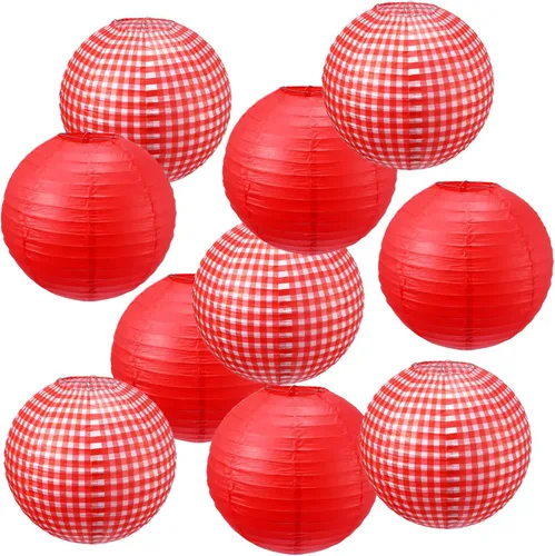 Miniatura 7 de Blulu Juego de 6 piezas de decoración de fiesta de pícnic a cuadros rojos de 12 pulgadas, linternas de papel redondas a cuadros para I Do BBQ Pizza