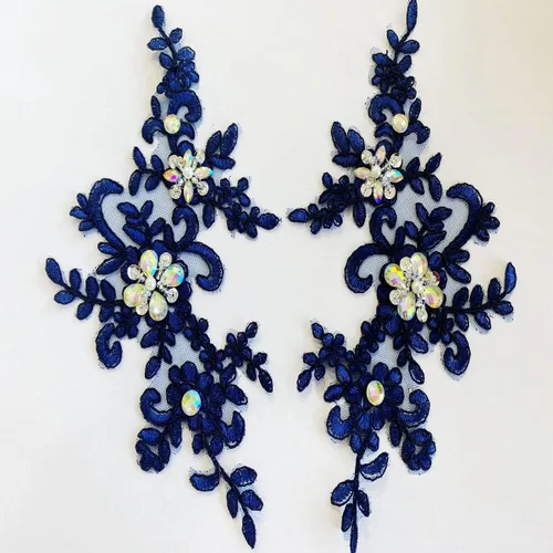 Miniatura 17 de Parches de tela de encaje fino bordados con diamantes de imitación bordados, decoración de vestido para coser en lentejuelas cuentas, accesorio