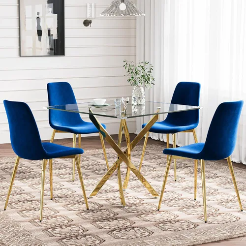 Miniatura 19 de Juego de mesa de comedor de cristal para 4, juego de mesa de cocina redonda dorada de 5 piezas con 4 sillas tapizadas negras, mesa de comedor