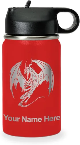 Miniatura 12 de LaserGram Botella de agua con tapa abatible de doble pared de 12 onzas con pajilla, dragón, grabado personalizado incluido (negro)