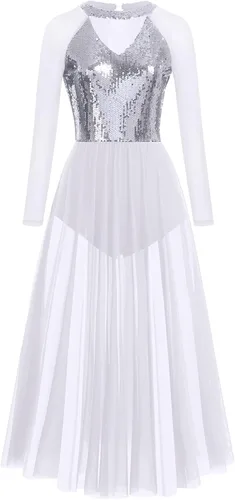 Miniatura 4 de AFAVOM Vestido de baile lírico para mujer, disfraz de baile contemporáneo, manga larga, malla de lentejuelas, falda de tul fluida, ropa de baile