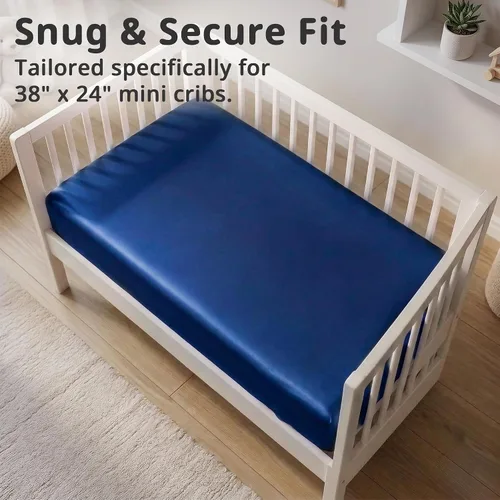 Miniatura 2 de Pro Goleem Paquete de 2 sábanas de satén para cuna, color azul y negro, suave y sedosa, para protección del pelo del bebé, funda de colchón