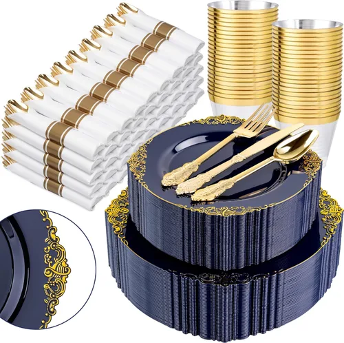 Miniatura 18 de Nervure 350 platos de plástico dorados, juegos de vajilla de plástico dorado para 50 invitados, 100 platos desechables, 150 cubiertos, 50 tazas, 50