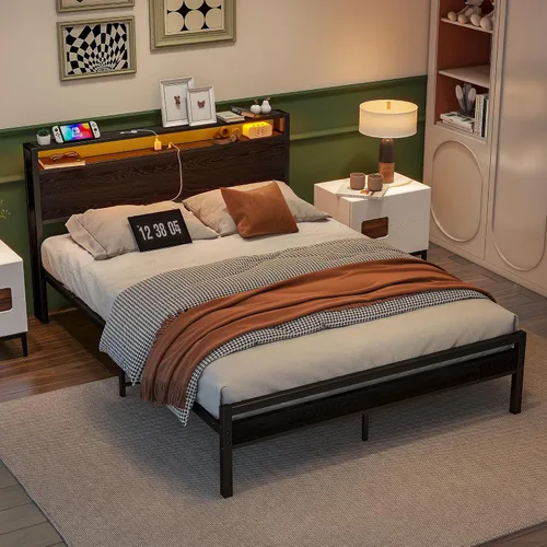 Miniatura 4 de BOFENG Base de cama Queen con cabecera de almacenamiento, marco de cama de plataforma de metal tamaño Queen con luces LED, estación de carga,