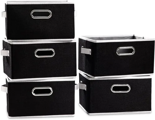 Miniatura 11 de PRANDOM Contenedores de almacenamiento plegables más grandes para clóset [5 unidades] cestas decorativas de tela de lino con asas de cuero y metal