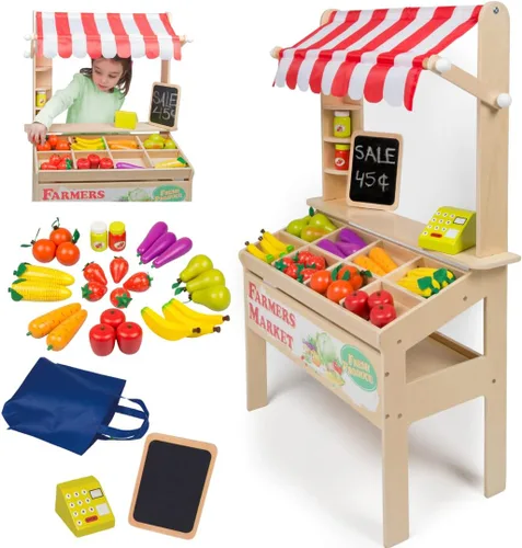 Juguete de Puesto de Mercado de Agricultores de Madera - Más de 30 Piezas de Comida Incluyen Frutas, Verduras, Pizarra y Caja Registradora - Juego